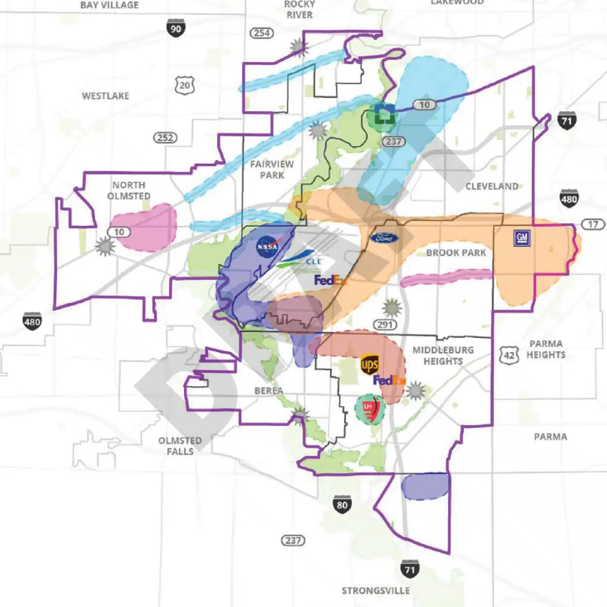 Geographic map of the Aerozone district in Northeast Ohio, USA